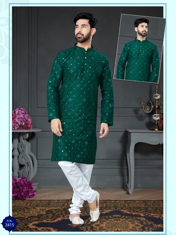 Wedding Wear Kurta set Cotton Silk fabric in Green with Embroidery Mirror work 