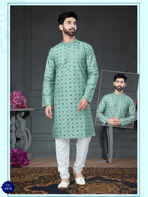 Wedding Wear Kurta set Cotton Silk fabric in Pista Green with Embroidery Mirror work 