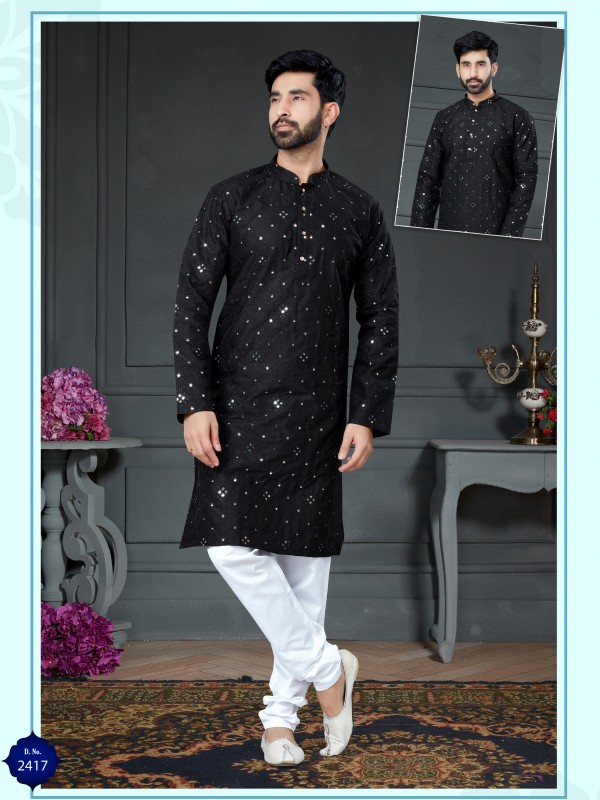 Wedding Wear Kurta set Cotton Silk fabric in Black with Embroidery Mirror work 