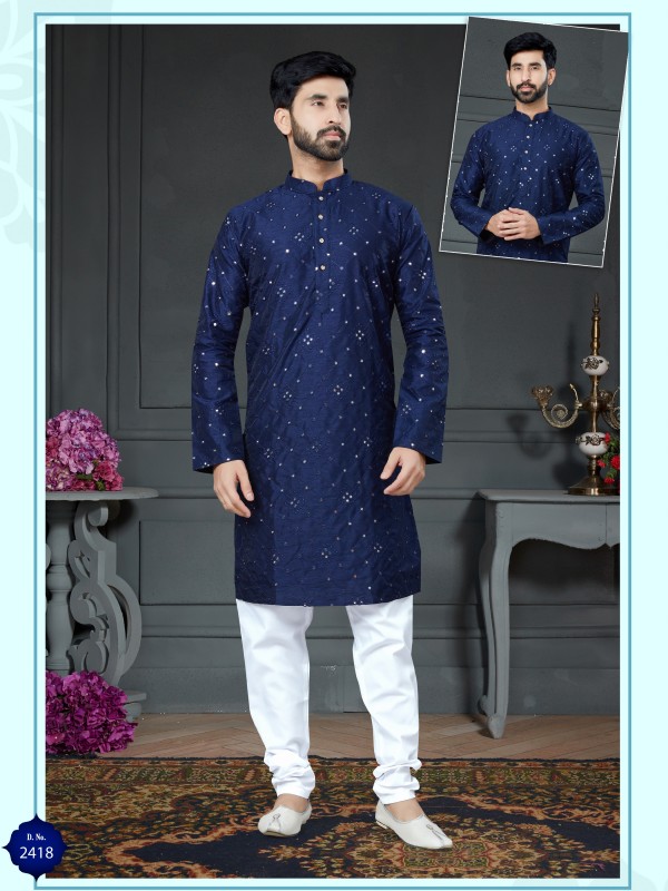 Wedding Wear Kurta set Cotton Silk fabric in Blue with Embroidery Mirror work 