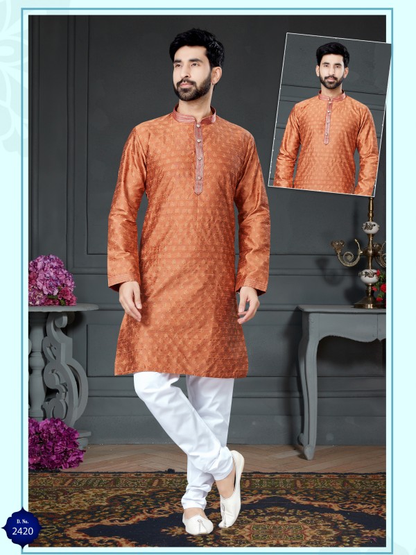 Wedding Wear Kurta set Korean Silk fabric with Woven In Rust Orange 