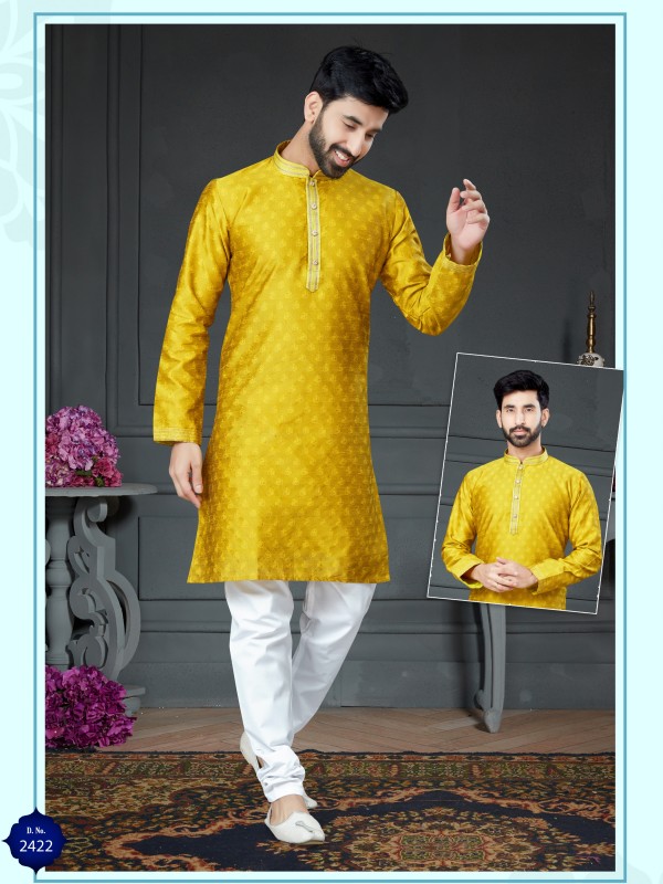 Wedding Wear Kurta set Korean Silk fabric with Woven In Yellow