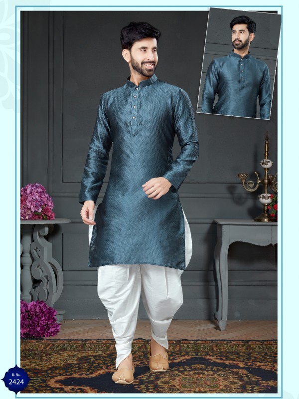 Wedding Wear Dhoti Kurta set Korean Silk fabric with Woven In Grey