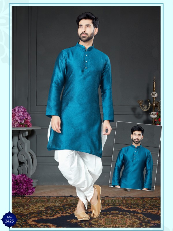 Wedding Wear Dhoti Kurta set Korean Silk fabric with Woven In Rama Blue