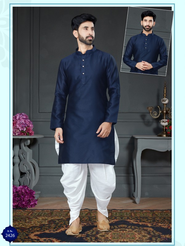 Wedding Wear Dhoti Kurta set Korean Silk fabric with Woven In Navy Blue