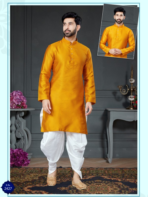 Wedding Wear Dhoti Kurta set Korean Silk fabric with Woven In Dark Yellow