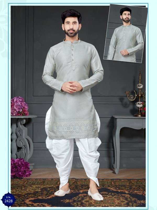 Wedding Wear Dhoti Kurta set Korean Silk fabric with Jacquard In Grey 