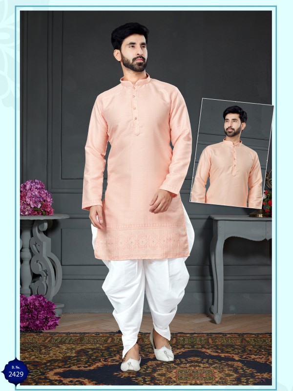 Wedding Wear Dhoti Kurta set Korean Silk fabric with Jacquard In Peach 