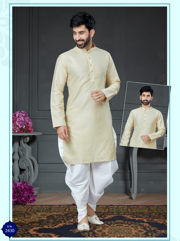 Wedding Wear Dhoti Kurta set Korean Silk fabric with Jacquard In Cream