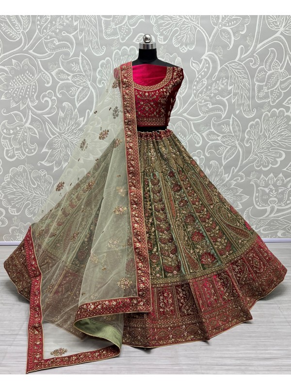 Pure Micro Velvet Bridal  Wear Lehenga In  Green & Pink Color With Embroidery Work 
