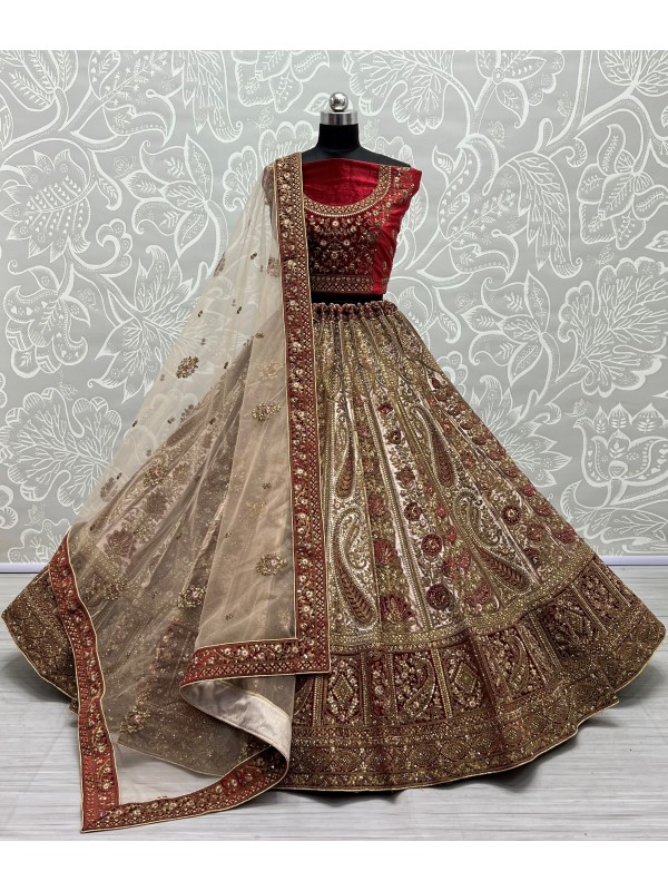 Pure Micro Velvet Bridal  Wear Lehenga In  White & Red Color With Embroidery Work 
