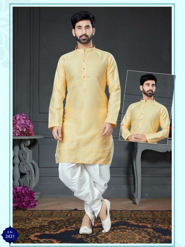 Wedding Wear Dhoti Kurta set Korean Silk fabric with Jacquard In Yellow