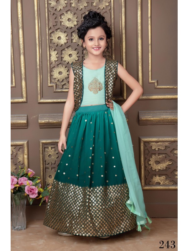Georgette  Party Wear Kids Lehenga In Turquoise With Embroidery Work 