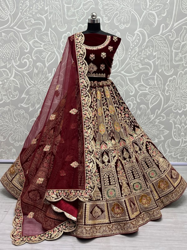 Pure Micro Velvet Wedding Wear Lehenga In Maroon Color With Embroidery Work