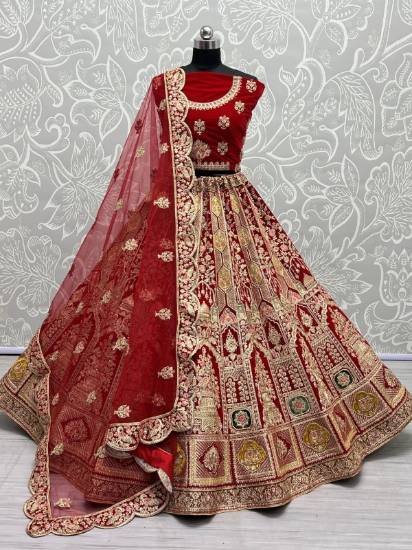 Pure Micro Velvet Wedding Wear Lehenga In Red Color With Embroidery Work