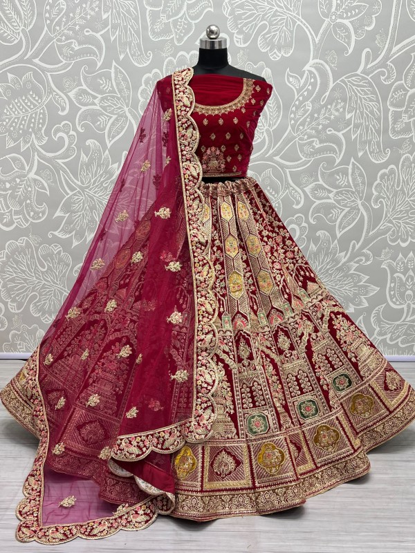 Pure Micro Velvet Wedding Wear Lehenga In Rani Pink Color With Embroidery Work