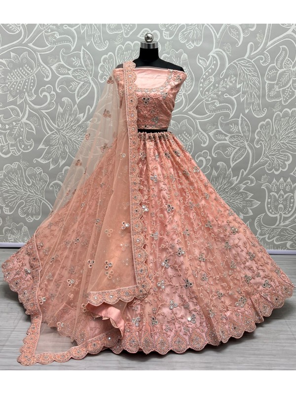 Soft Premium Net  Party Wear Lehenga In Peach Color  With Embroidery Work
