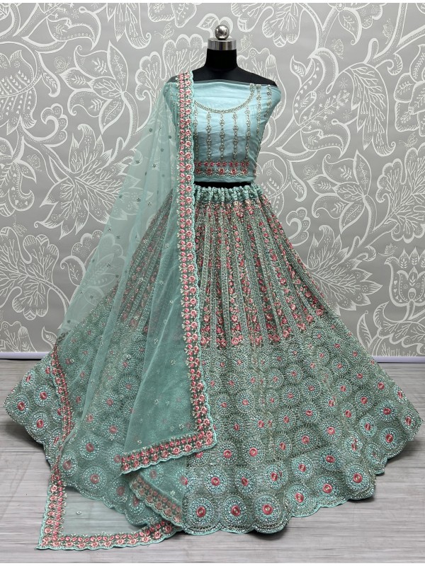 Soft Premium Net Wedding Wear Lehenga In Blue  Color  With Embroidery Work