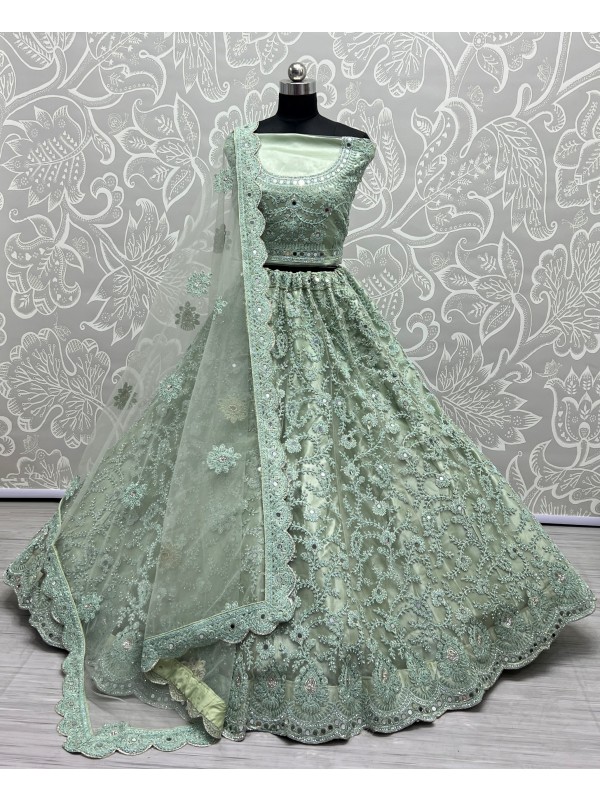 Soft Premium Net Wedding Wear Lehenga In Sea Green Color  With Embroidery Work