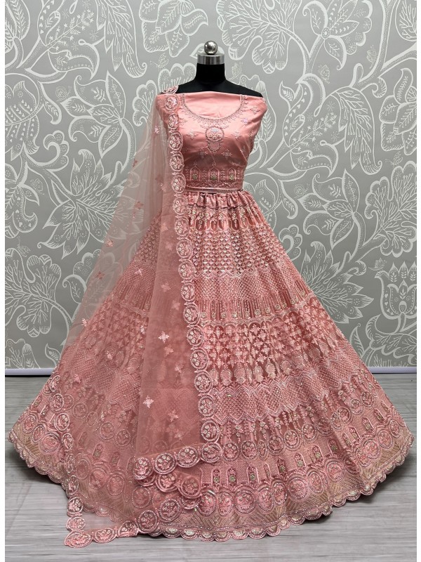 Soft Premium Net Wedding Wear Lehenga In Pink Color  With Embroidery Work