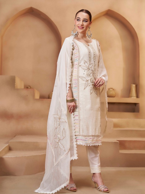 Pure Cotton Silk Party Wear Suit in Off White Color with Embroidery Work