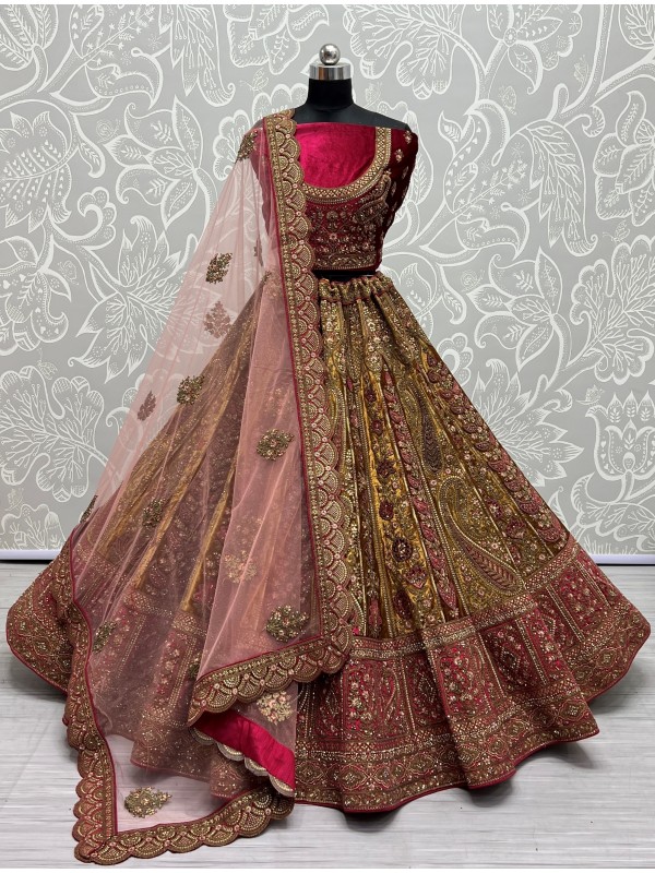 Pure Micro Velvet Bridal  Wear Lehenga In Mustard & Pink Color With Embroidery Work 