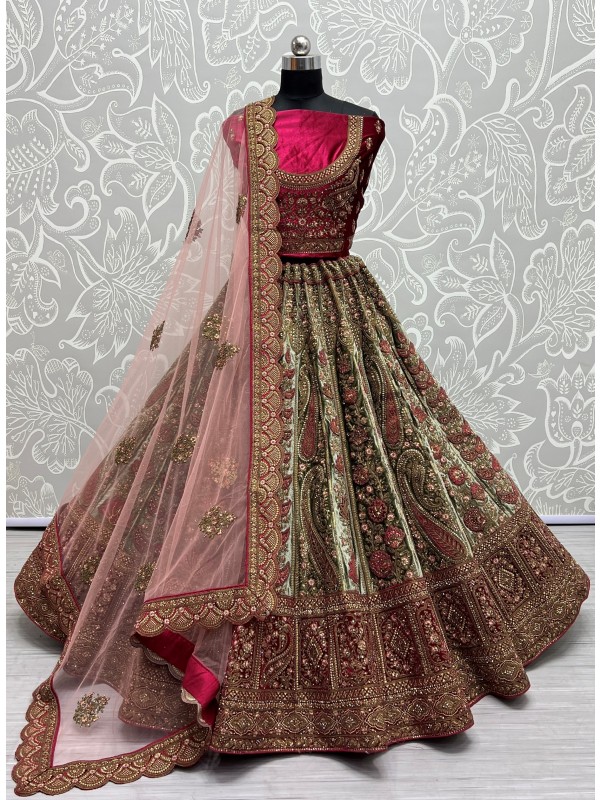 Pure Micro Velvet Bridal  Wear Lehenga In Green & Pink Color With Embroidery Work 