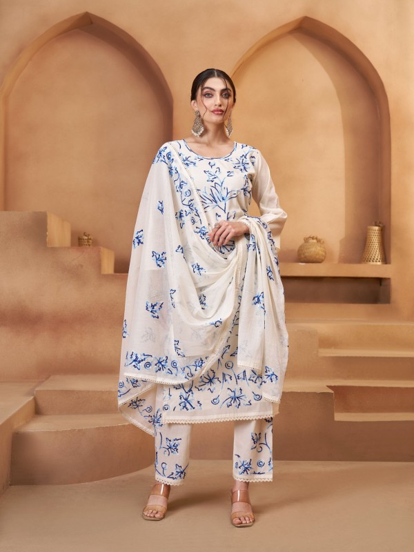 Pure Cotton Silk Party Wear Suit in Off White Color with Embroidery Work