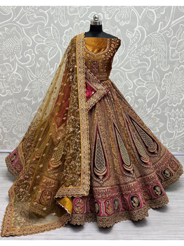 Pure Micro Velvet Bridal  Wear Lehenga In Mustard Color With Embroidery Work 