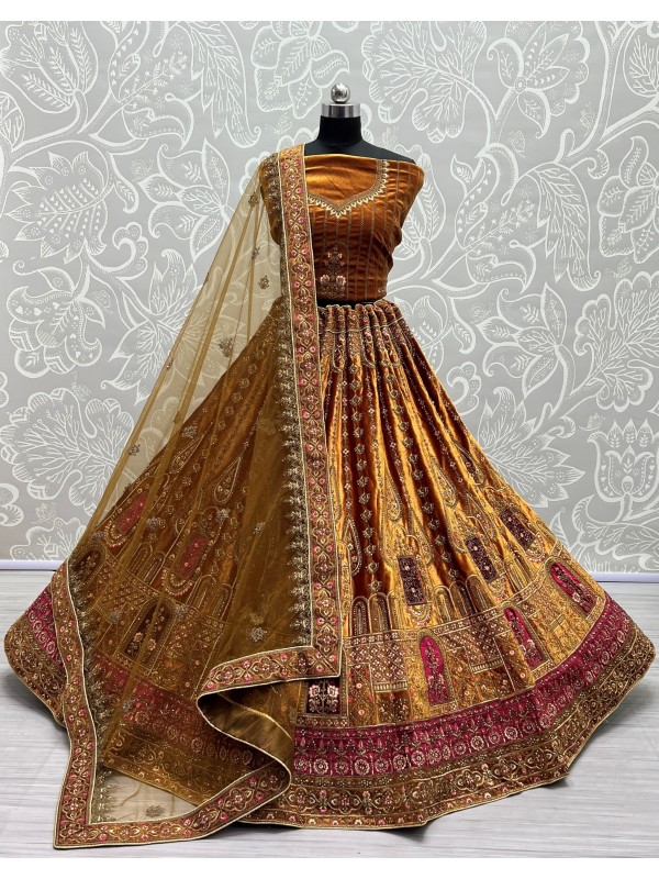 Pure Micro Velvet Bridal  Wear Lehenga In Golden Color With Embroidery Work 