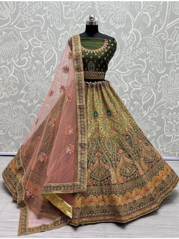 Soft Premium Net Wedding Wear Lehenga In Green Color  With Embroidery Work