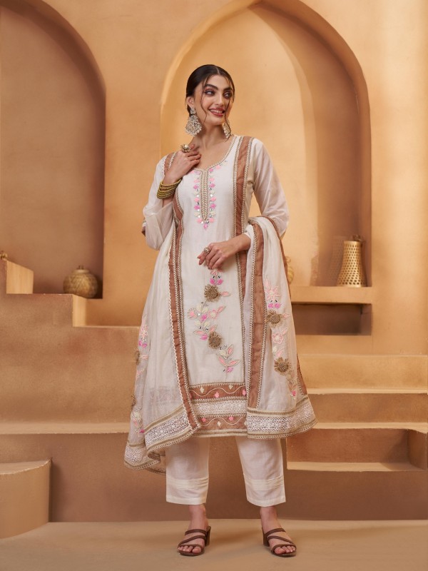 Pure Cotton Silk Party Wear Suit in Off White Color with Embroidery Work