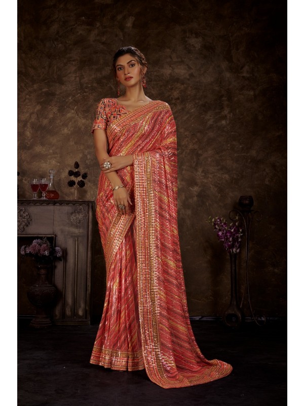 Imported  Fabric Party Wear  Saree In Red Color With Embroidery Work