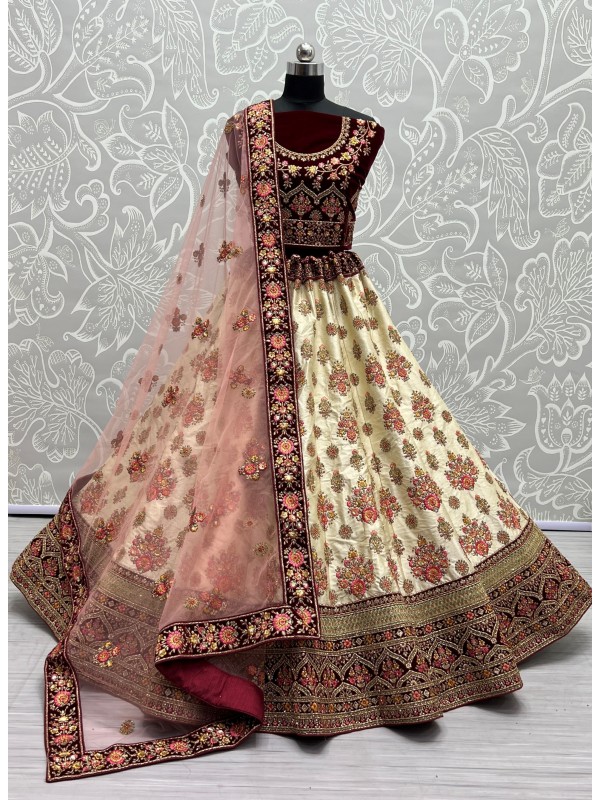 Silk Wedding Wear Lehenga In White Color  With Embroidery Work