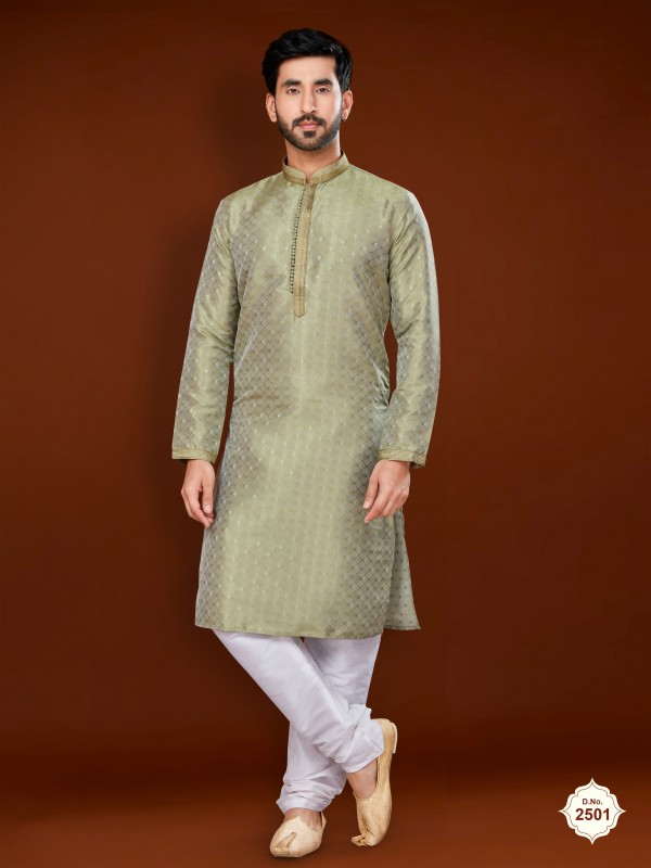 Jacquard Silk Wedding Wear Readymade Kurta set in Pista Green