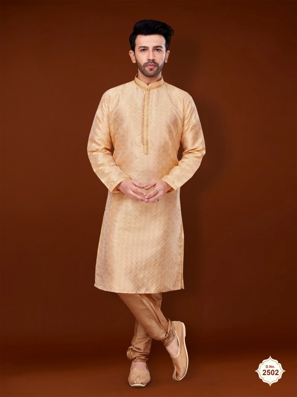 Jacquard Silk Wedding Wear Readymade Kurta set in Peach 