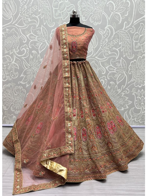 Silk Wedding Wear Lehenga In Peach Color  With Embroidery Work