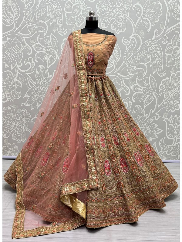 Silk Wedding Wear Lehenga In Beige Color  With Embroidery Work