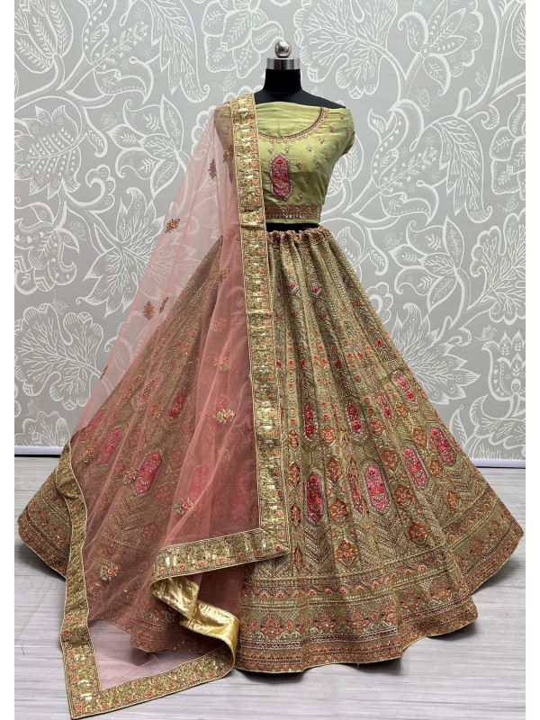 Silk Wedding Wear Lehenga In Green Color  With Embroidery Work