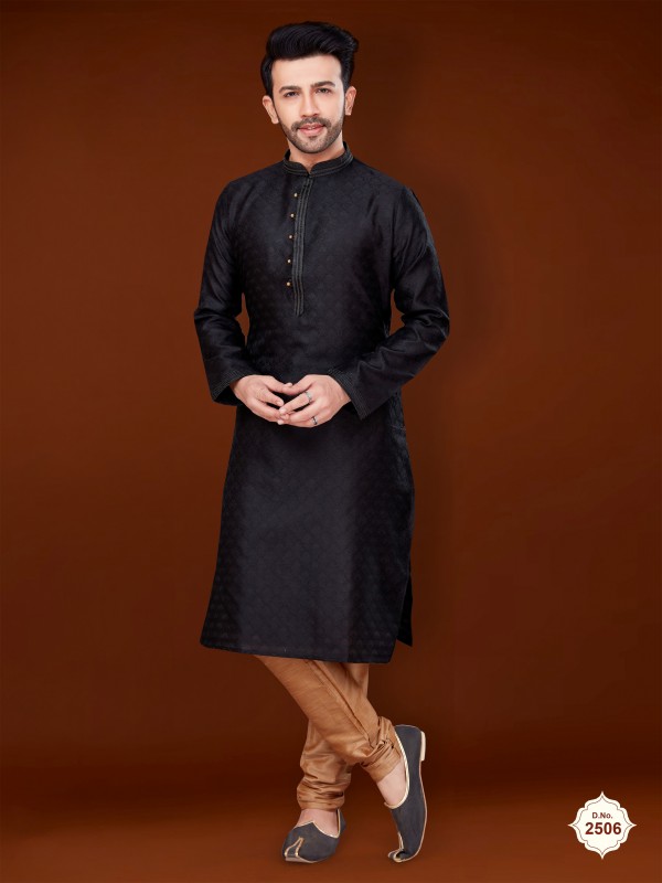 Jacquard Silk Wedding Wear Readymade Kurta set in Black 