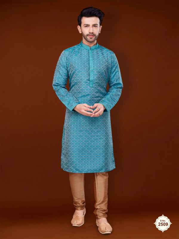 Jacquard Silk Wedding Wear Readymade Kurta set in Turquoise