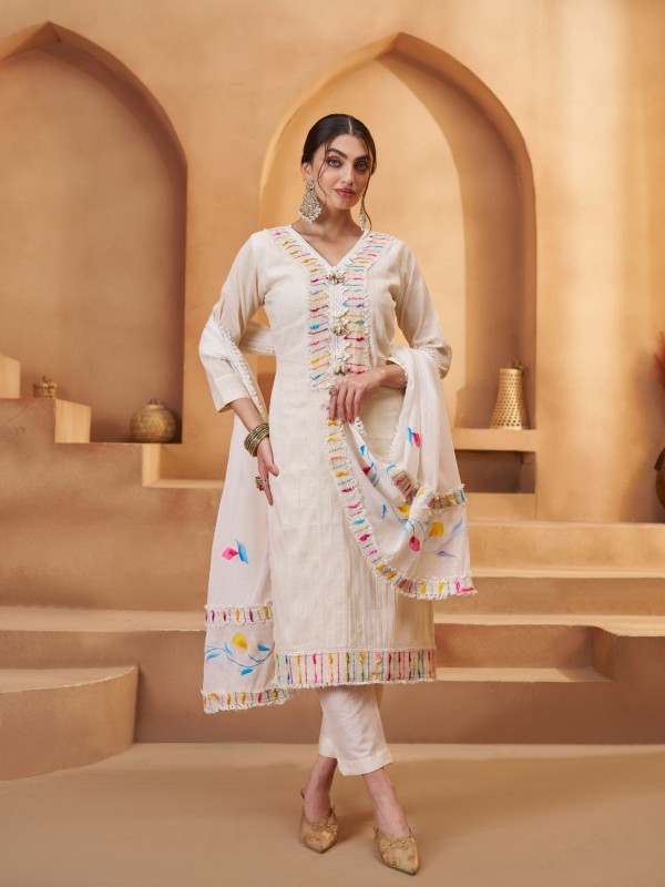 Pure Cotton Silk Party Wear Suit in Off White Color with Embroidery Work