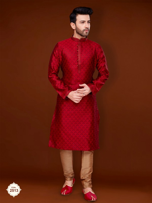 Jacquard Silk Wedding Wear Readymade Kurta set in Red 