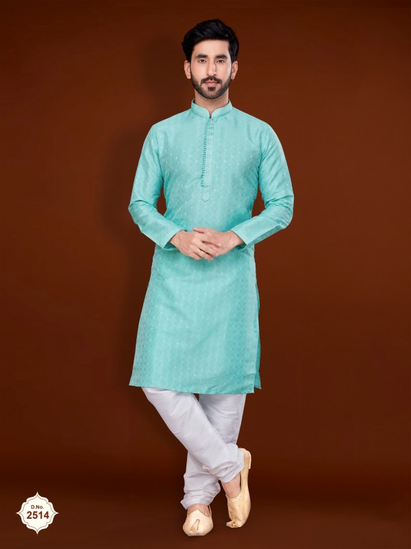 Jacquard Silk Wedding Wear Readymade Kurta set in Sky Blue 