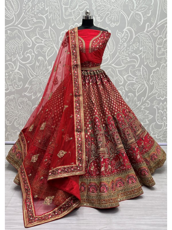 Silk Bridal Wear Lehenga In Red Color  With Embroidery Work