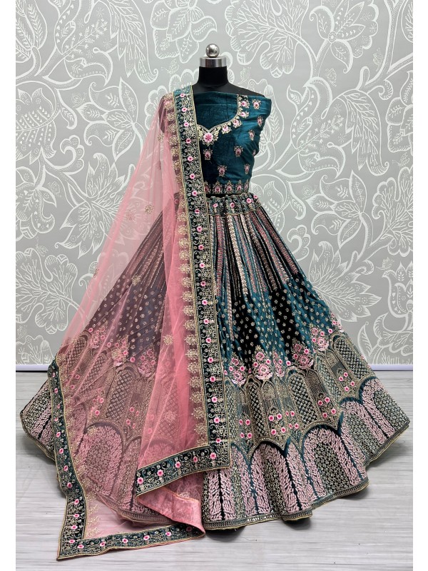 Pure Micro Velvet Bridal  Wear Lehenga In Teal Blue Color With Embroidery Work 