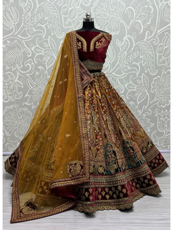 Pure Micro Velvet Bridal  Wear Lehenga In Maroon Color With Embroidery Work 