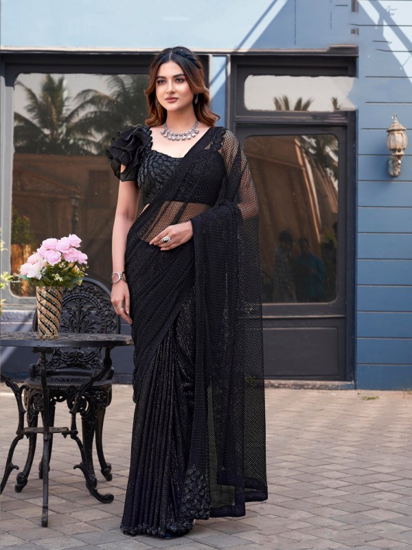 Armani Tulle Silk Party wear Saree In Black Work Color with Hand Work 