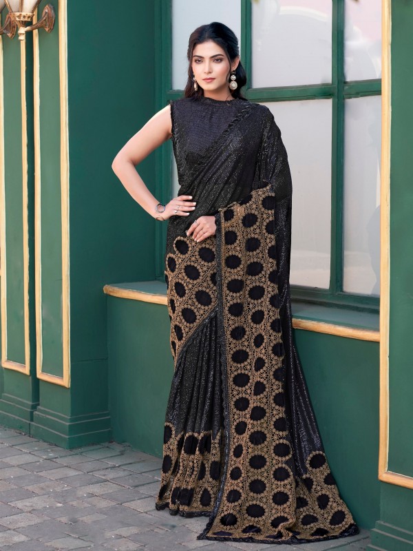 Gucci Velvet Party wear Saree In Black Color with Hand Work 