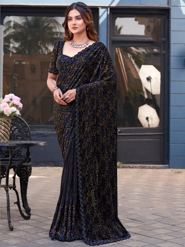 Gucci Velvet Party wear Saree In Blue Color with Hand Work 